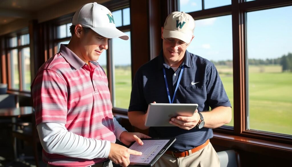 Golfer consulting with pro about handicap questions