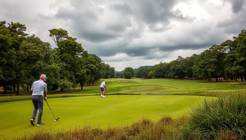 Golfers playing in challenging weather conditions affecting handicap calculations