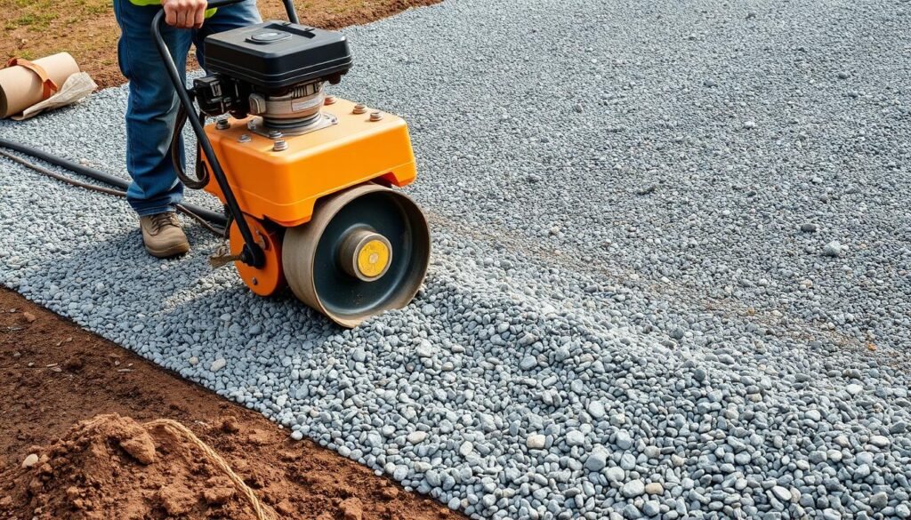 Gravel being compacted on a driveway installation