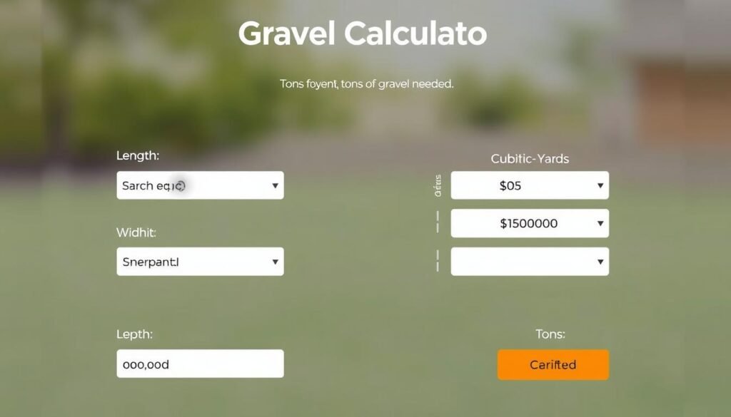 Gravel calculator interface showing input fields for dimensions and output for volume and weight