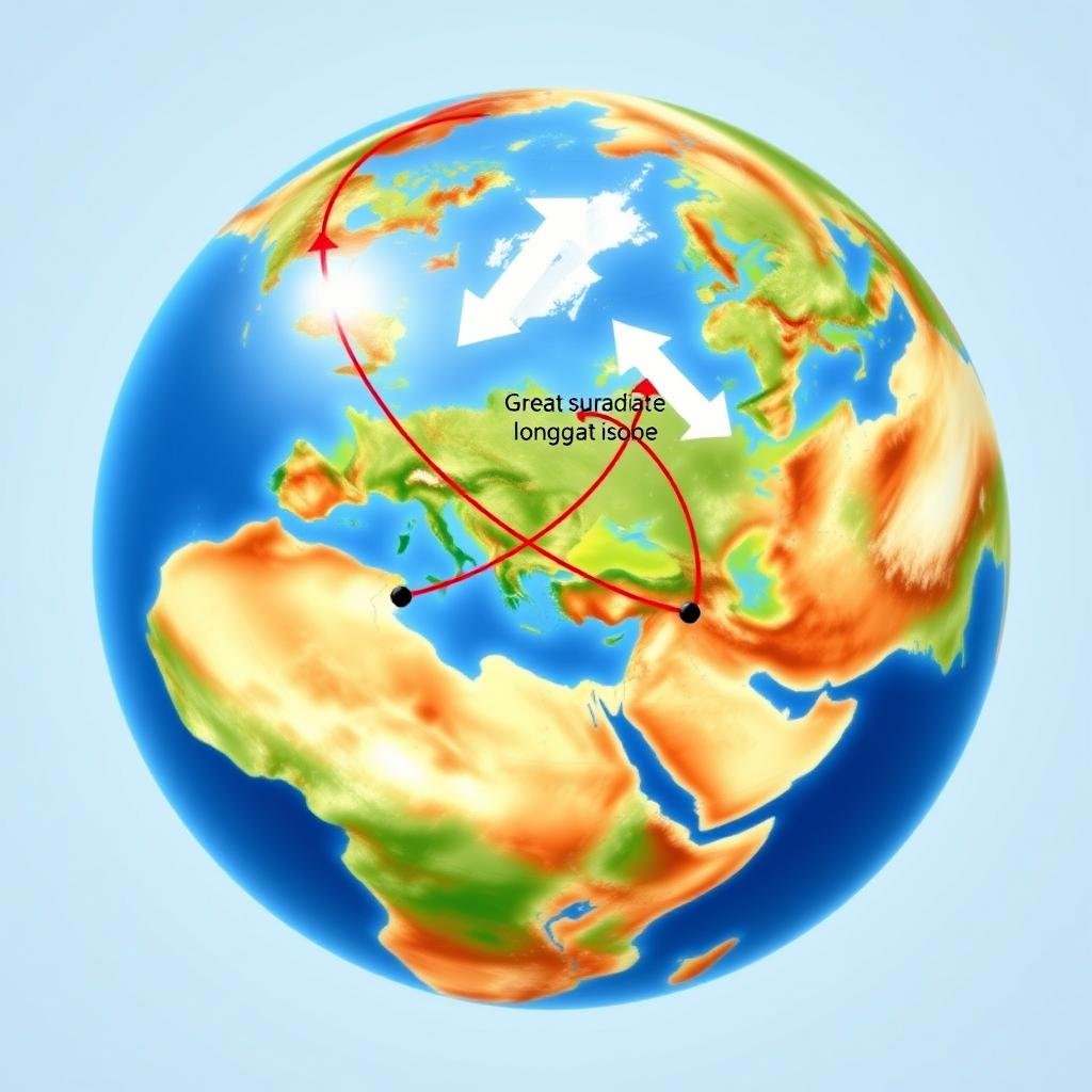 Great Circle Distance Calculator showing curved path on globe surface
