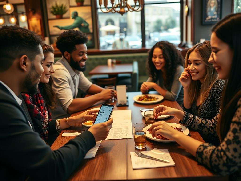 Group of friends splitting a restaurant bill using a tip calculator