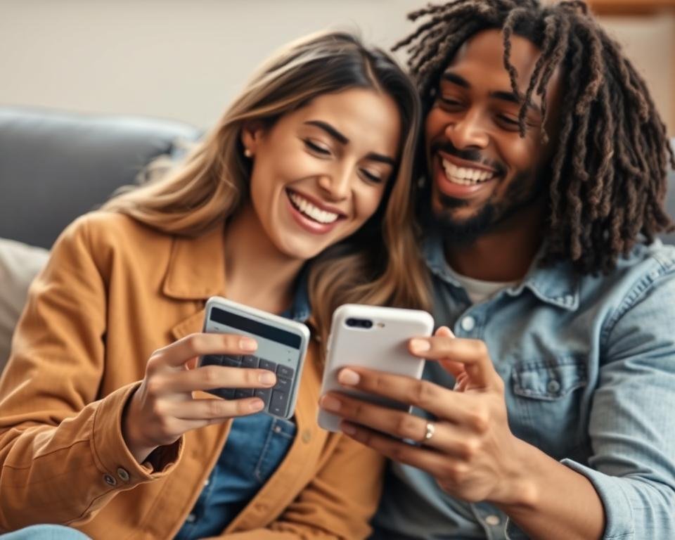 Happy couple laughing while looking at love calculator results