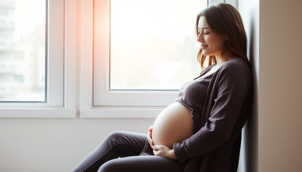 Happy pregnant woman looking forward to her journey