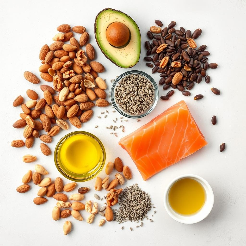 Healthy fat sources including avocado nuts olive oil and fatty fish