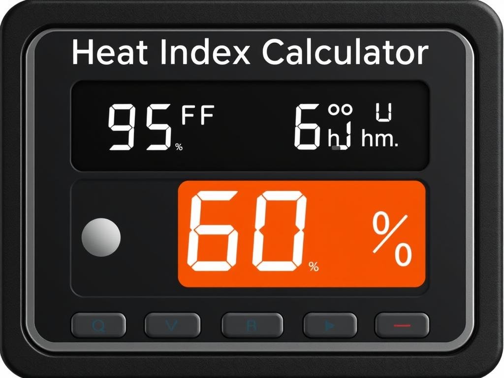 Heat Index Calculator showing temperature and humidity inputs with resulting heat index value