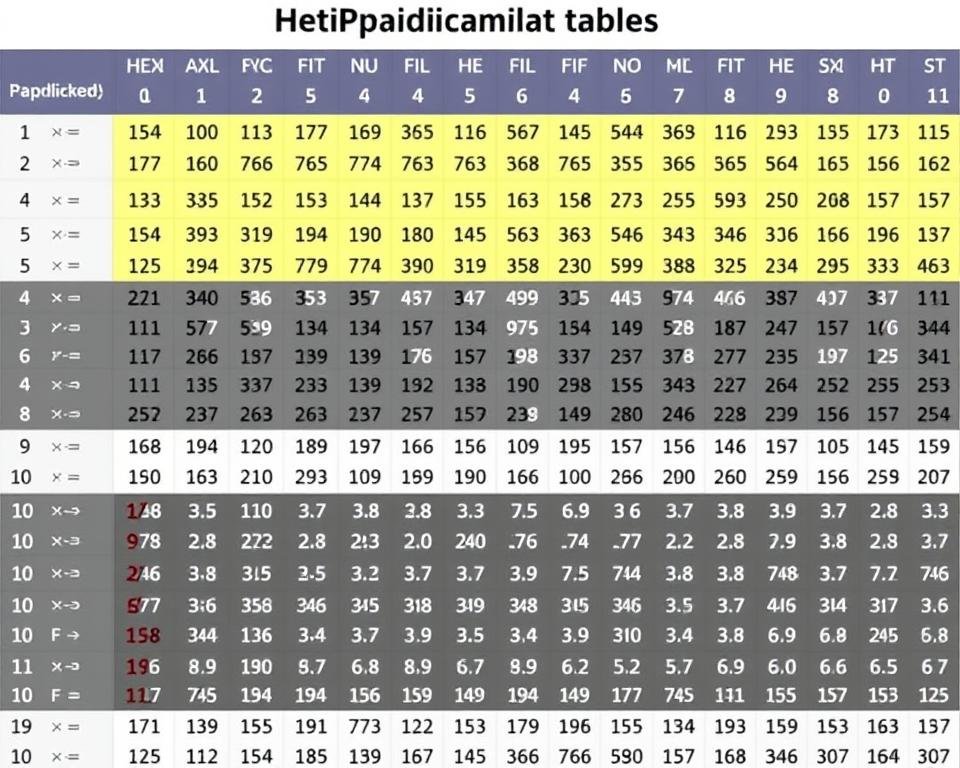 Hexadecimal multiplication table showing products of hex digits