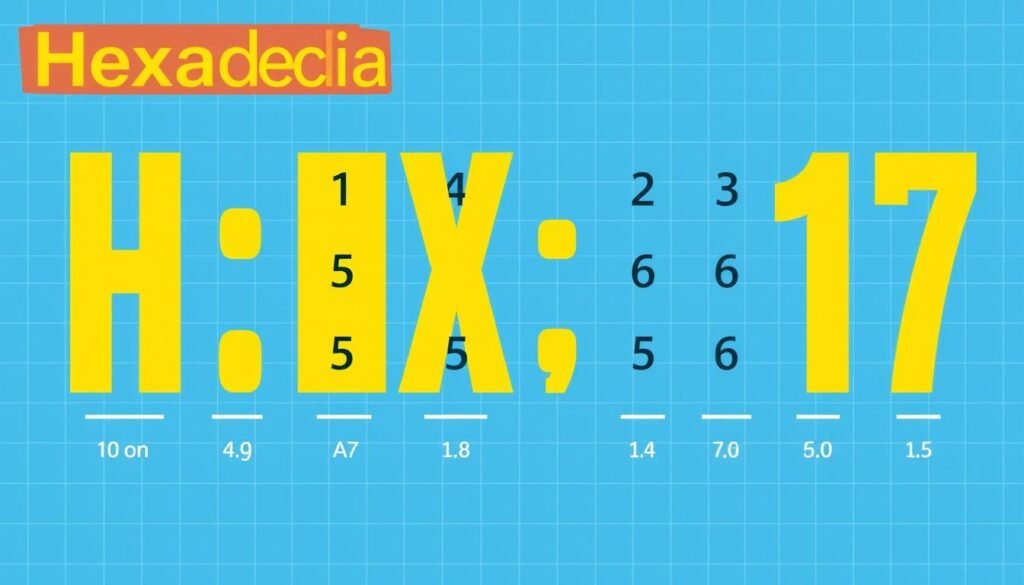 Hexadecimal number system showing digits 0 9 and letters A F with their decimal equivalents