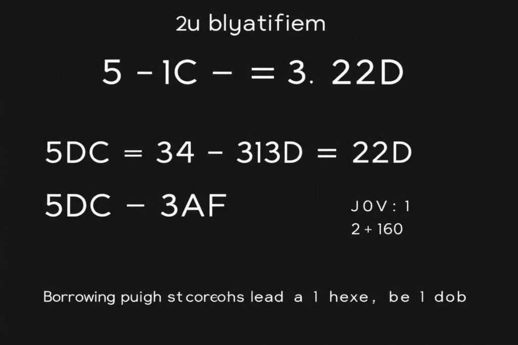 Hexadecimal subtraction example showing the borrowing process