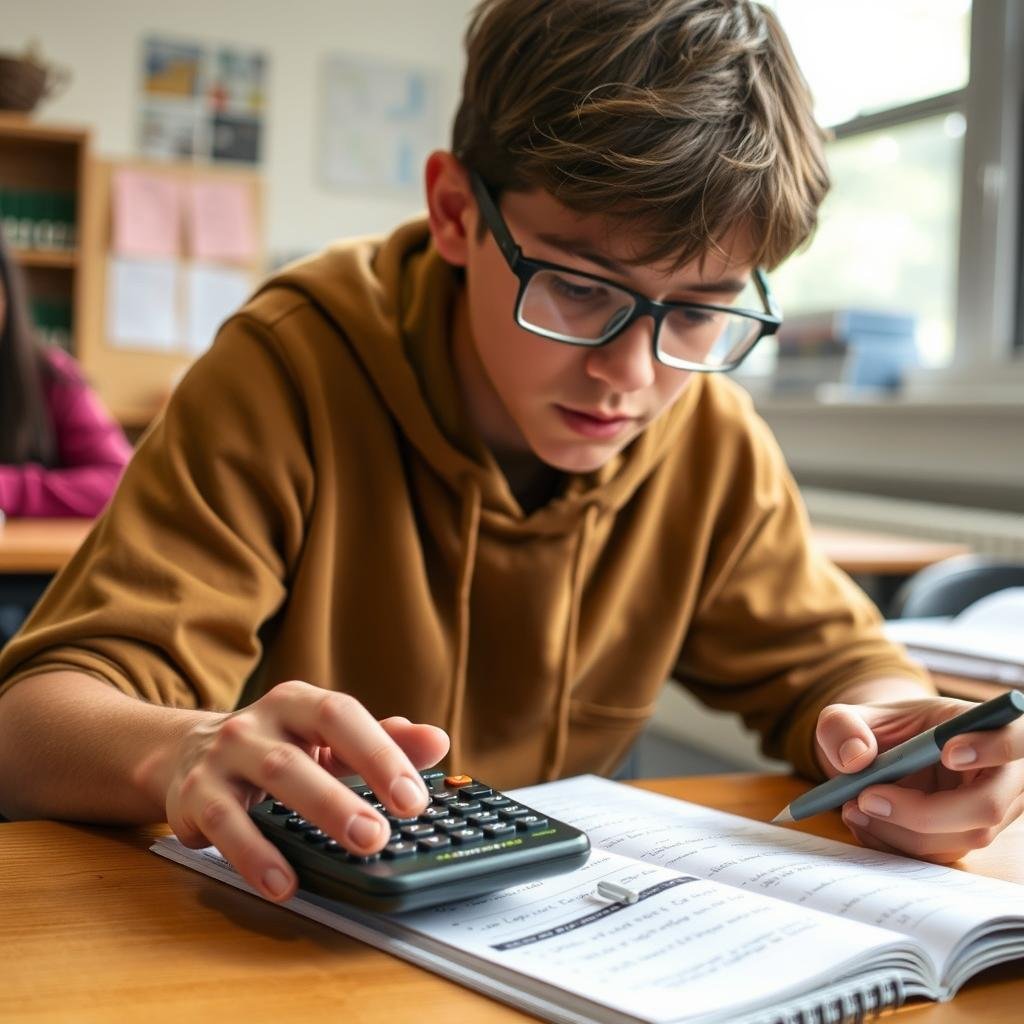 High school student using scientific calculator for math homework
