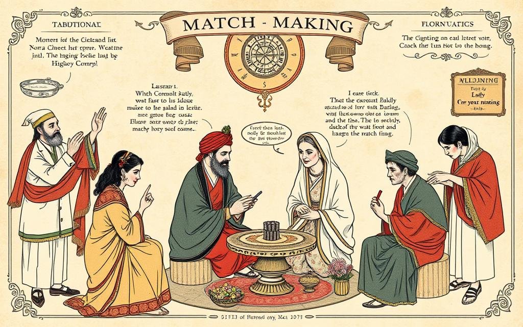 Historical illustration of traditional matchmaking practices