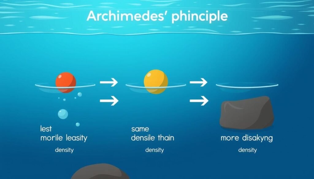 Illustration of buoyancy principle showing objects of different densities in water