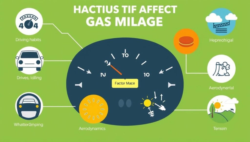 Infographic showing various factors affecting gas mileage including driving habits and vehicle maintenance
