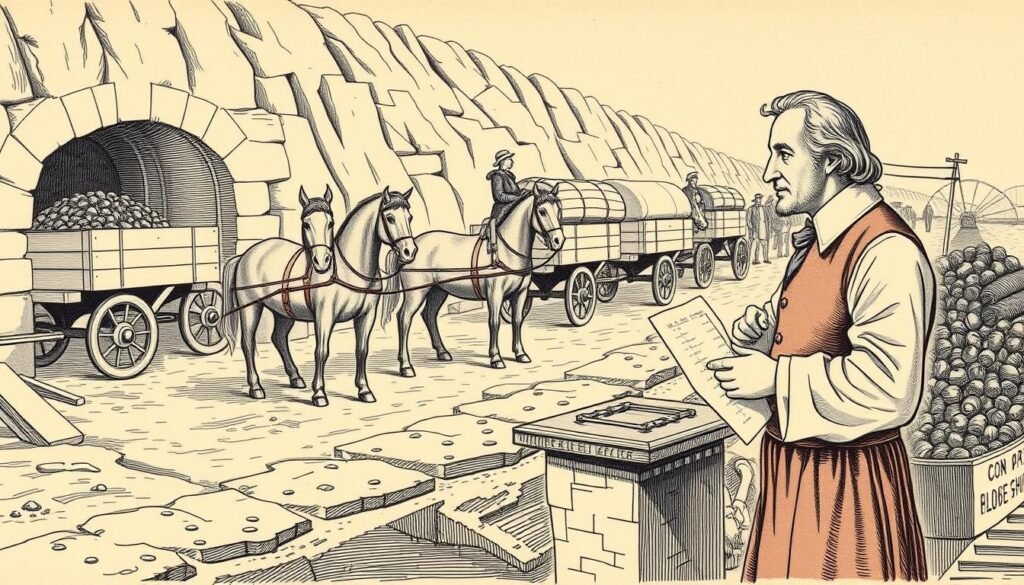 James Watt measuring horsepower with horses pulling coal wagons