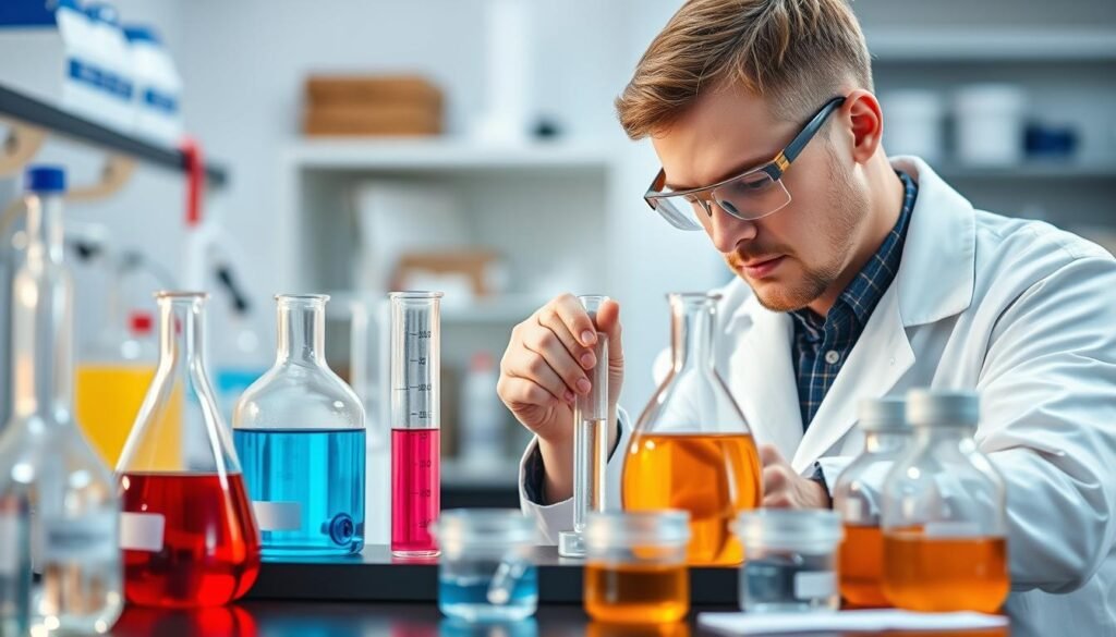 Laboratory scientist preparing solutions of different molarities for an experiment