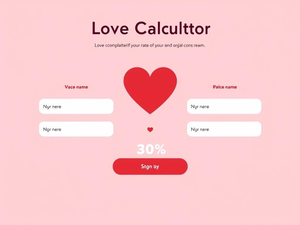 Love Calculator interface showing heart symbols and percentage