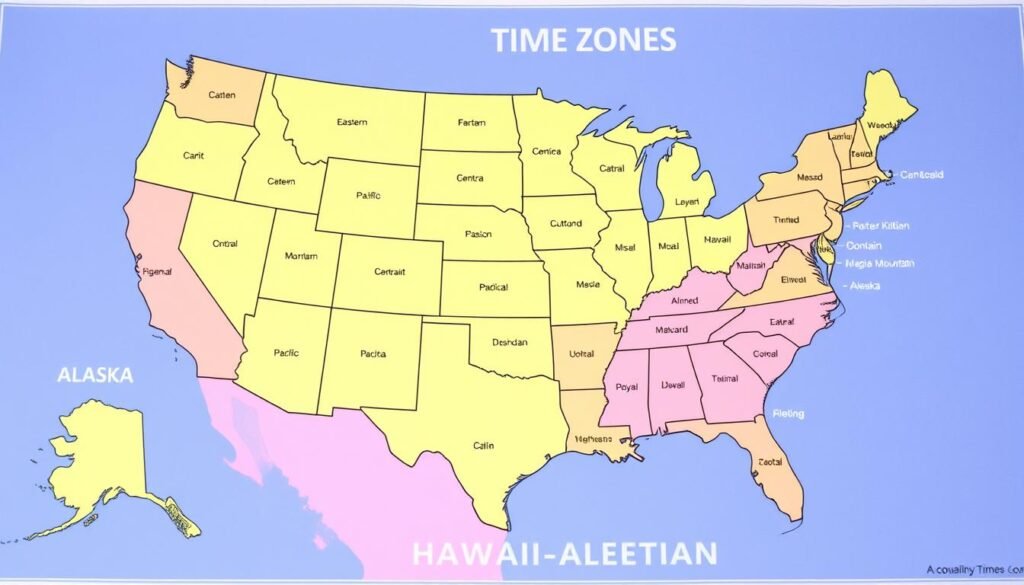 Map of US time zones showing the different regions