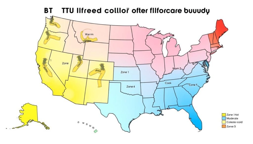 Map of the United States divided into climate zones for BTU calculation purposes