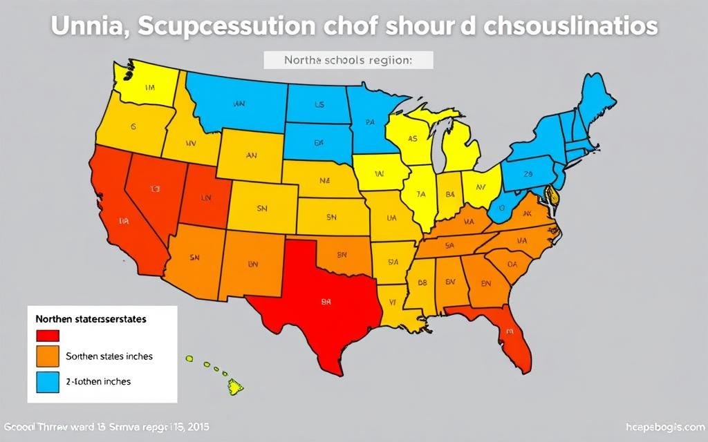 Map of the United States showing different snow thresholds for school closures by region