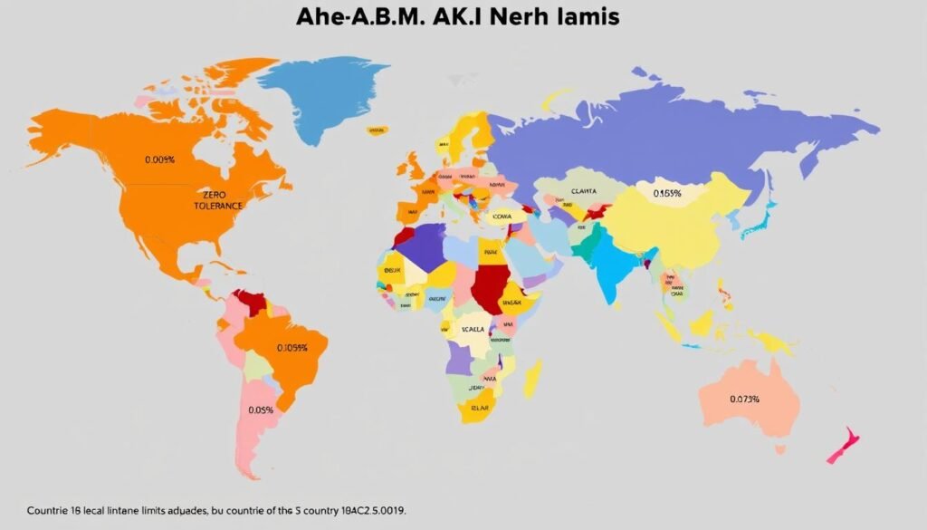 Map showing legal BAC limits for driving across different countries