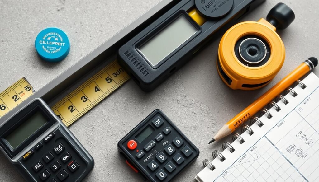 Measuring tools for concrete projects including tape measure calculator and marking tools