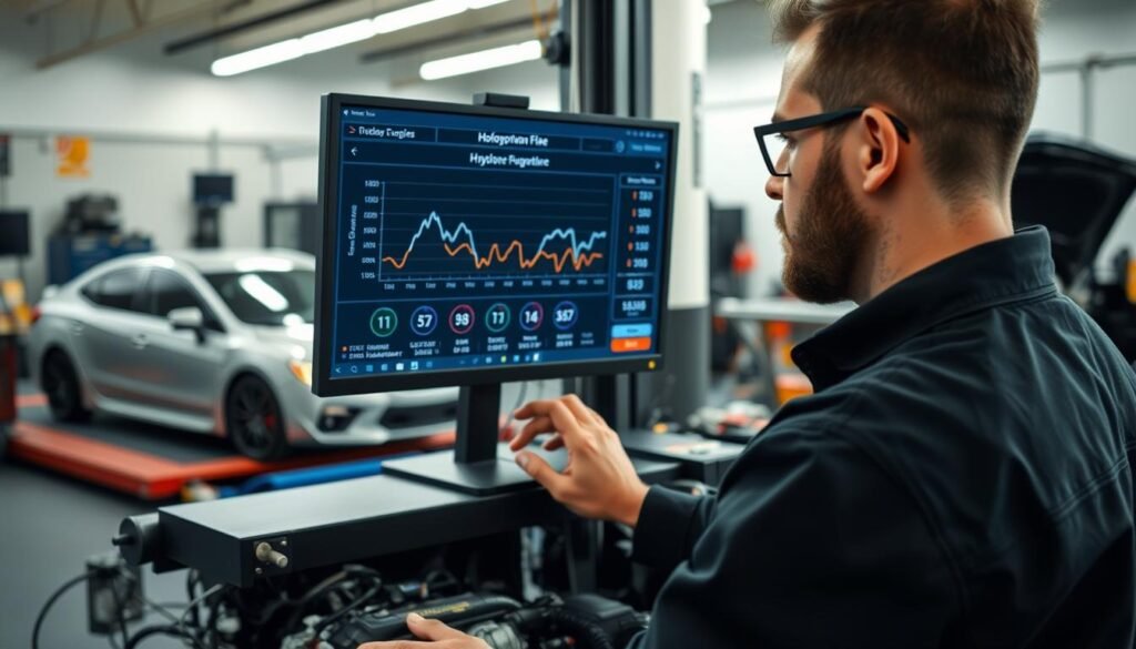 Mechanic analyzing engine performance data on a computer