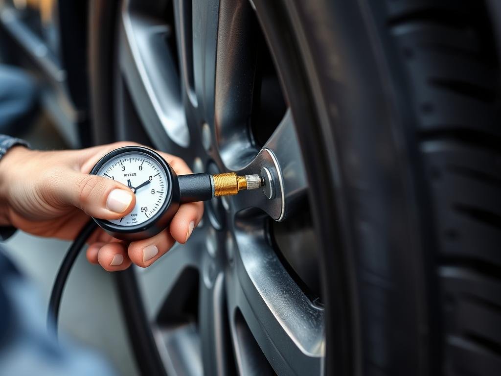 Mechanic checking tire pressure to improve gas mileage