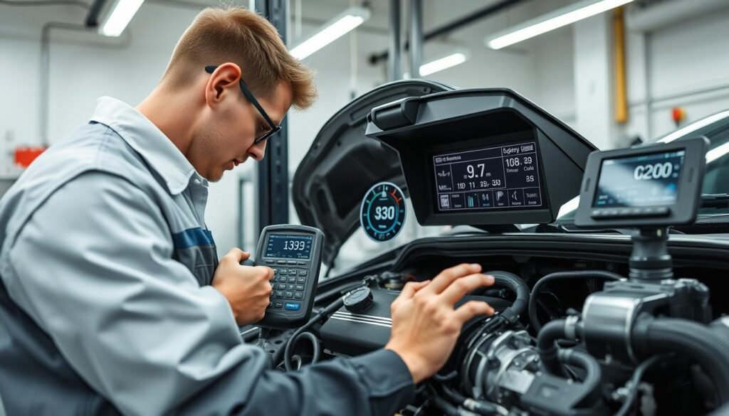 Mechanic measuring horsepower on a modern car engine using diagnostic equipment