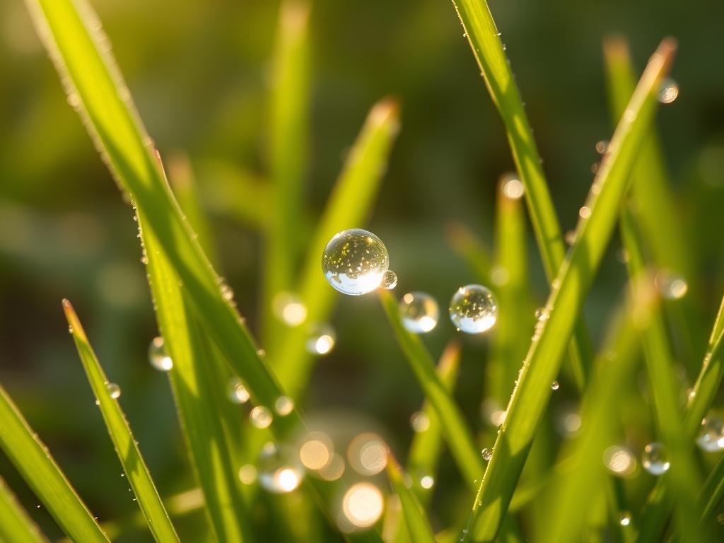 Morning dew formation on grass demonstrating dew point temperature reached