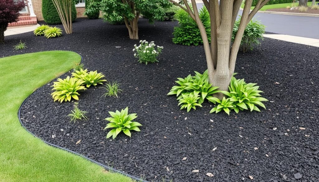 Mulch Calculator showing a beautifully mulched garden bed with proper depth