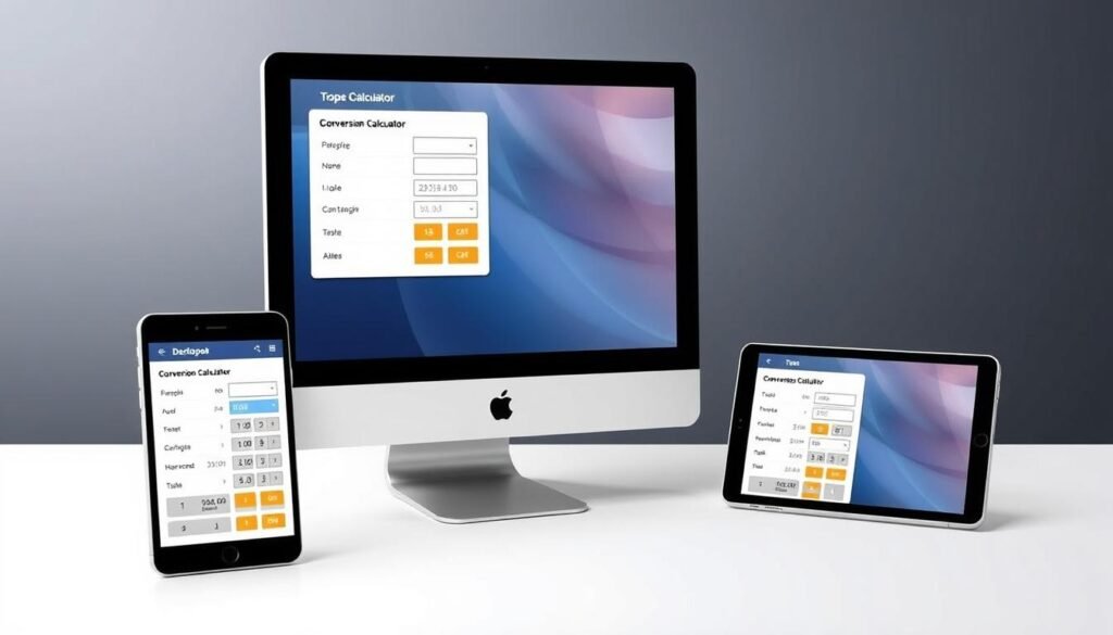 Multi device display of conversion calculator interface showing seamless use across desktop tablet and mobile