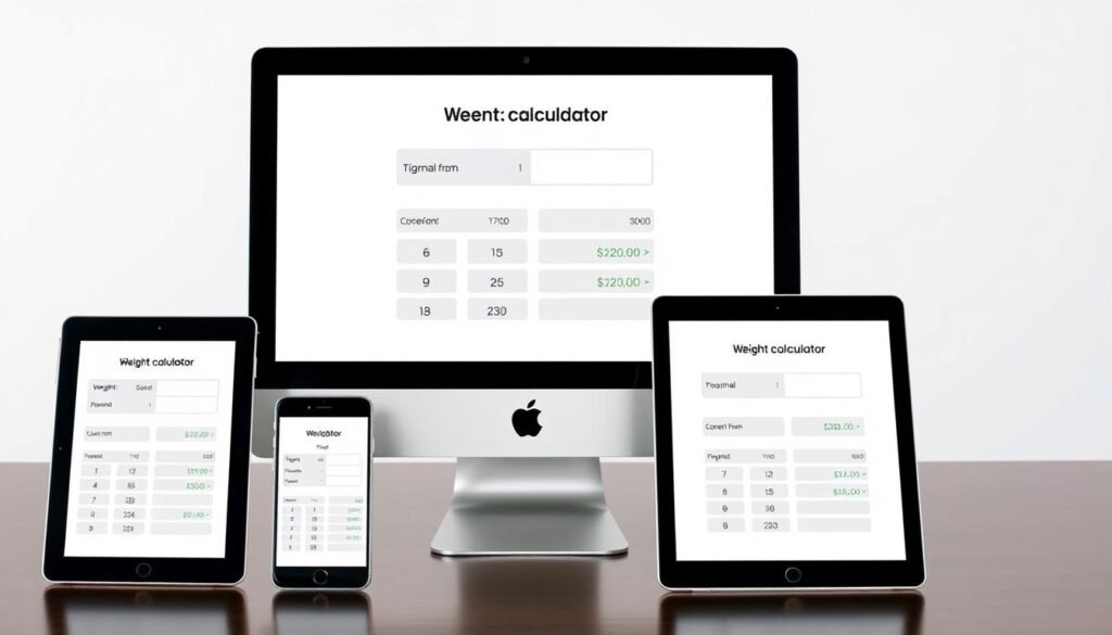 Multiple device screens showing weight calculator on desktop tablet and mobile
