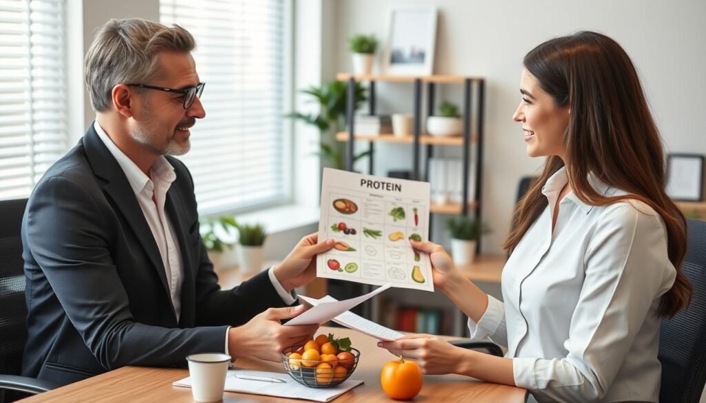 Nutritionist or dietitian consulting with client about protein needs