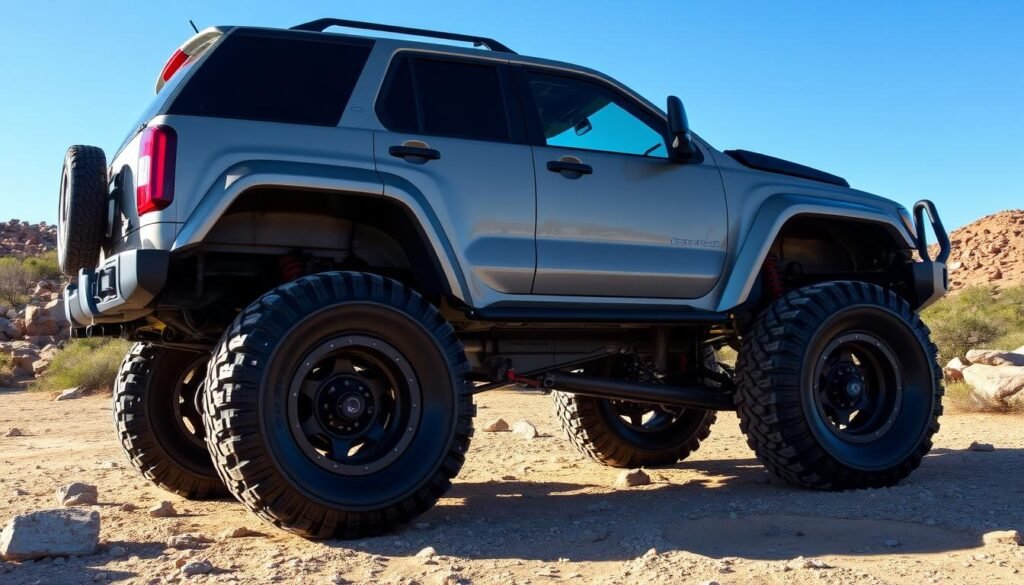 Off road vehicle with upgraded larger tires for better ground clearance