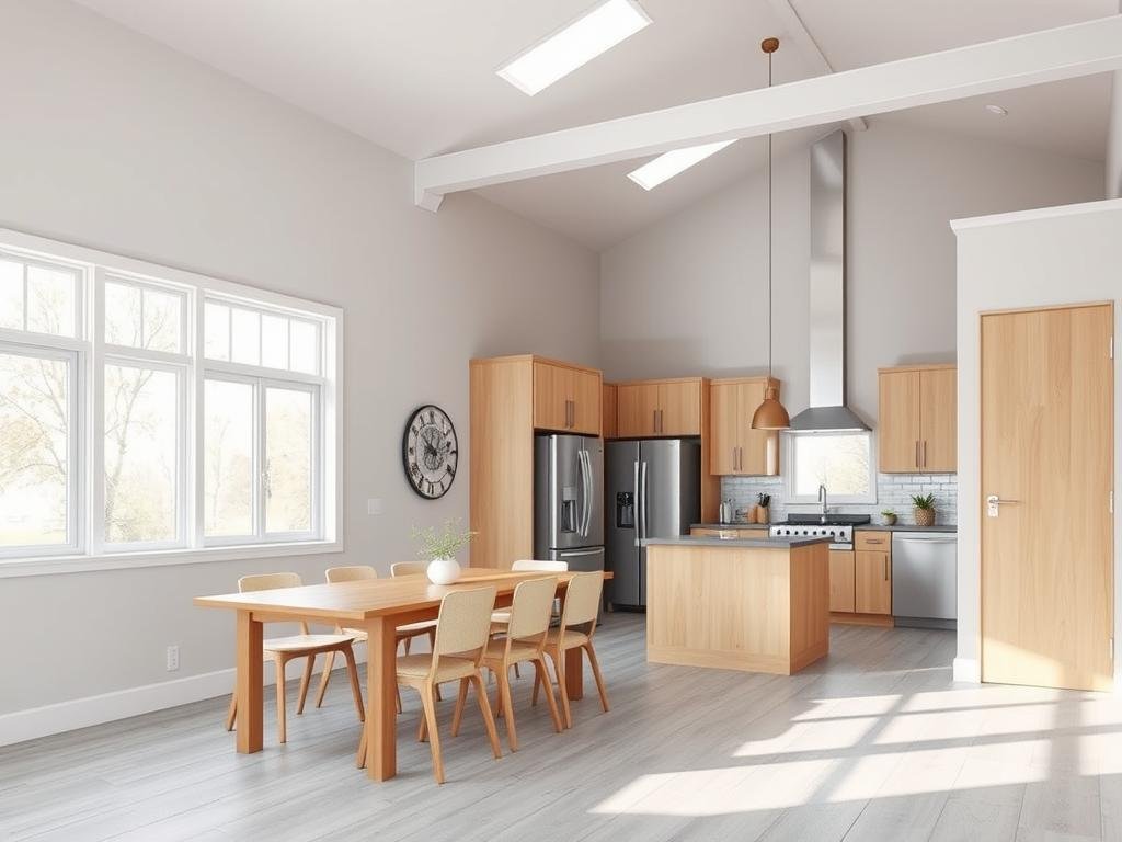 Open kitchen and dining area showing factors that affect BTU calculations