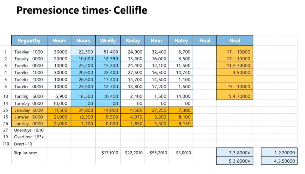 Overtime calculation example showing regular hours vs overtime hours with rates
