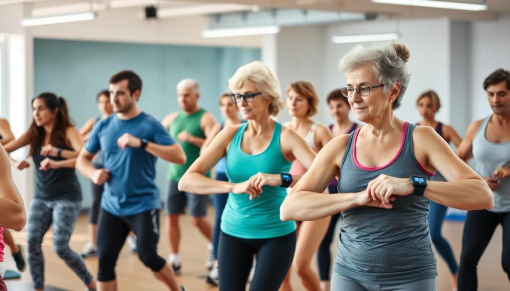 People of different age groups exercising while monitoring heart rate