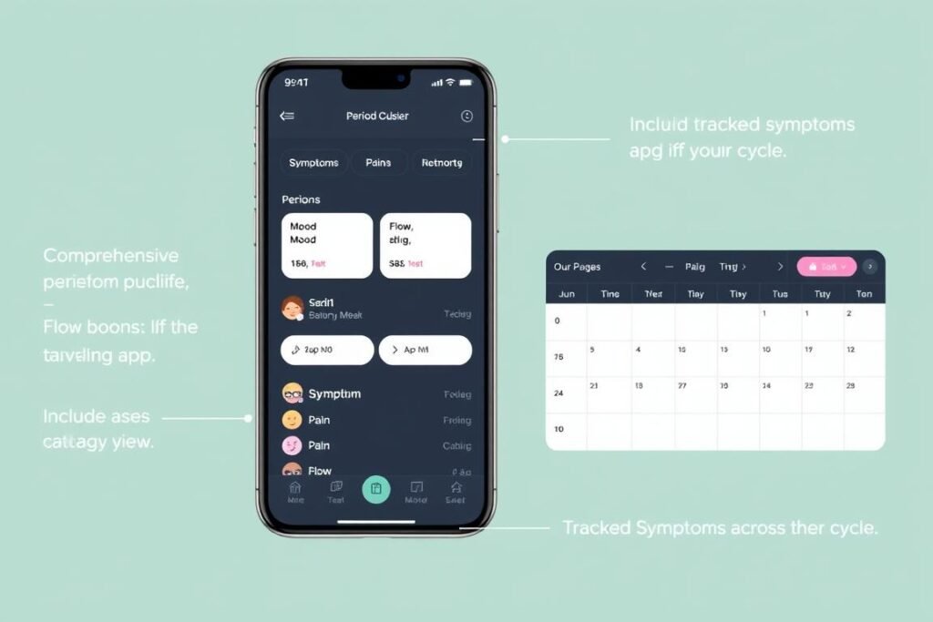 Period calculator app showing comprehensive symptom tracking features
