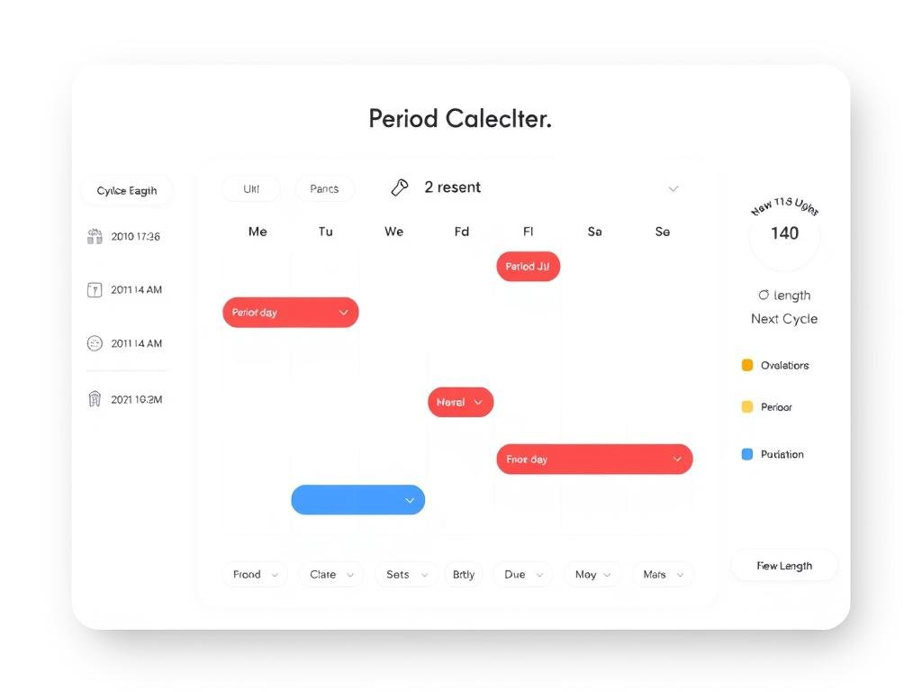 Period calculator interface showing calendar with marked period days and cycle predictions