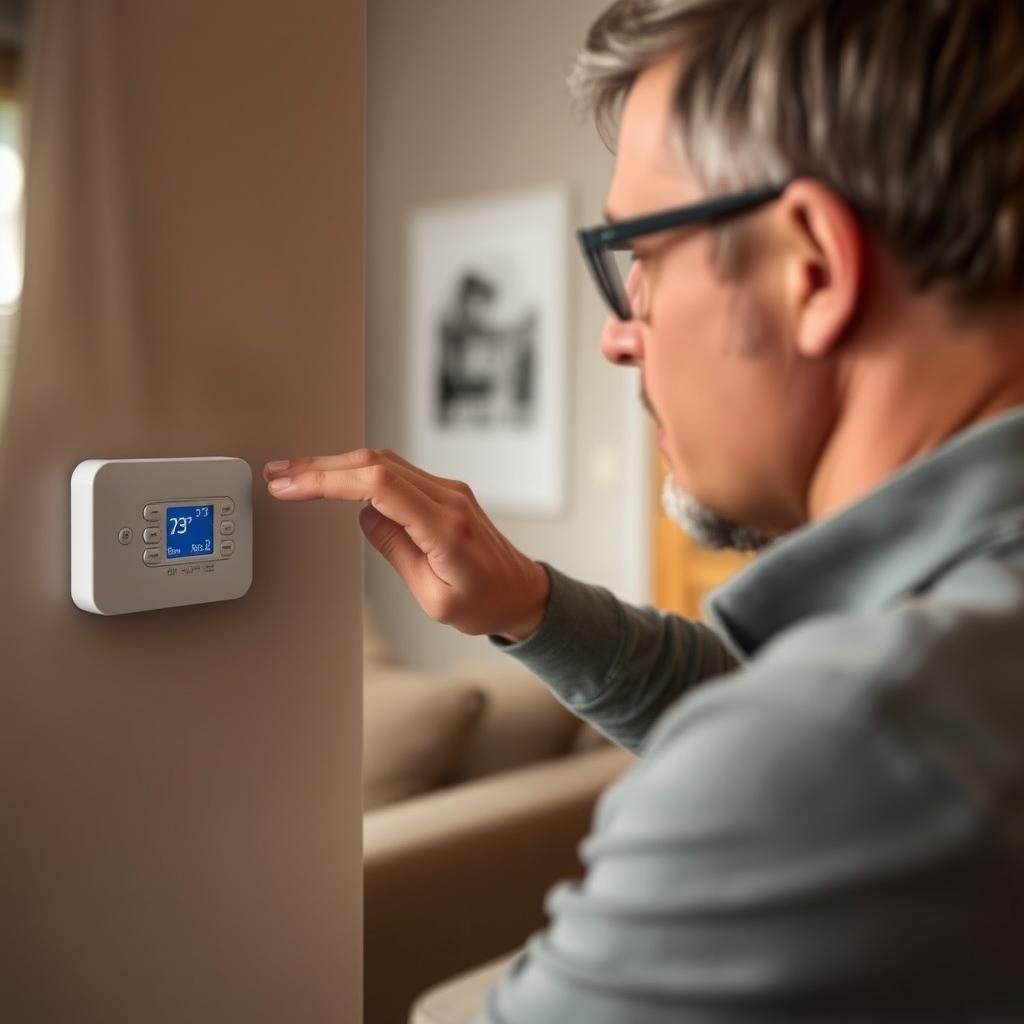 Person adjusting home thermostat based on dew point for comfort