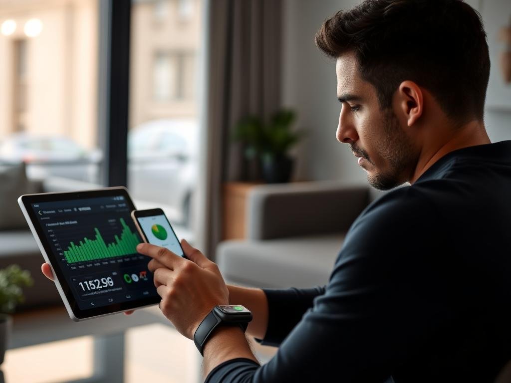 Person analyzing fitness data on multiple devices