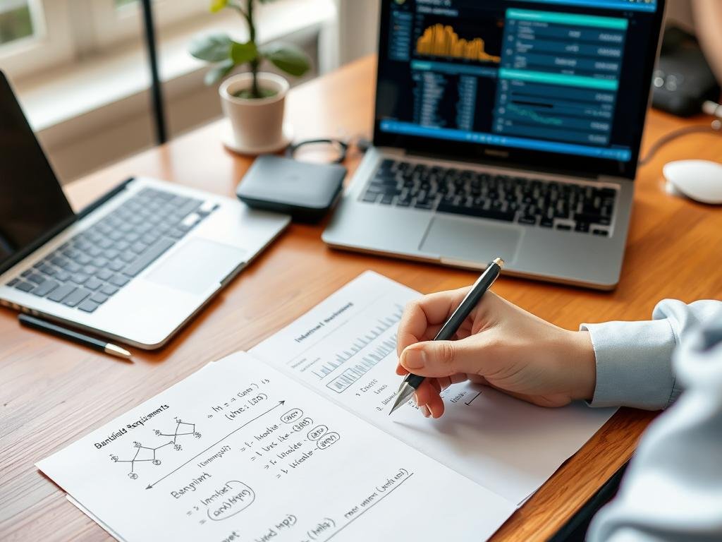 Person calculating bandwidth requirements with pen and paper