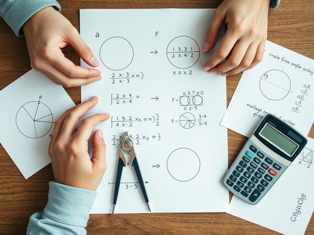Person calculating circle measurements on paper with a compass and calculator