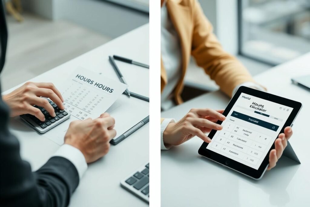 Person calculating hours between times on paper and digital device