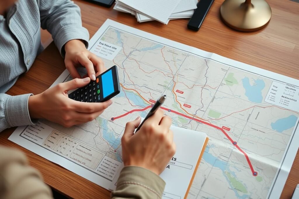 Person calculating speed for a road trip using a map and calculator