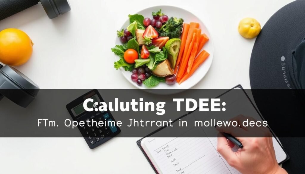 Person calculating their TDEE on a calculator next to healthy food and exercise equipment