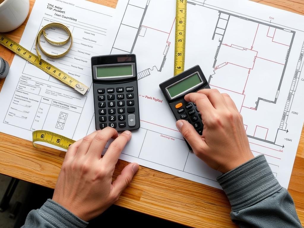 Person calculating tile quantities with calculator and floor plan