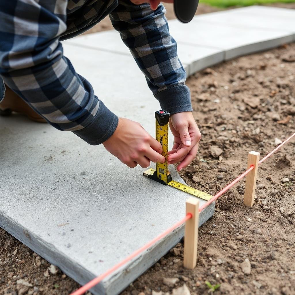 Person carefully measuring dimensions for a concrete project with tape measure