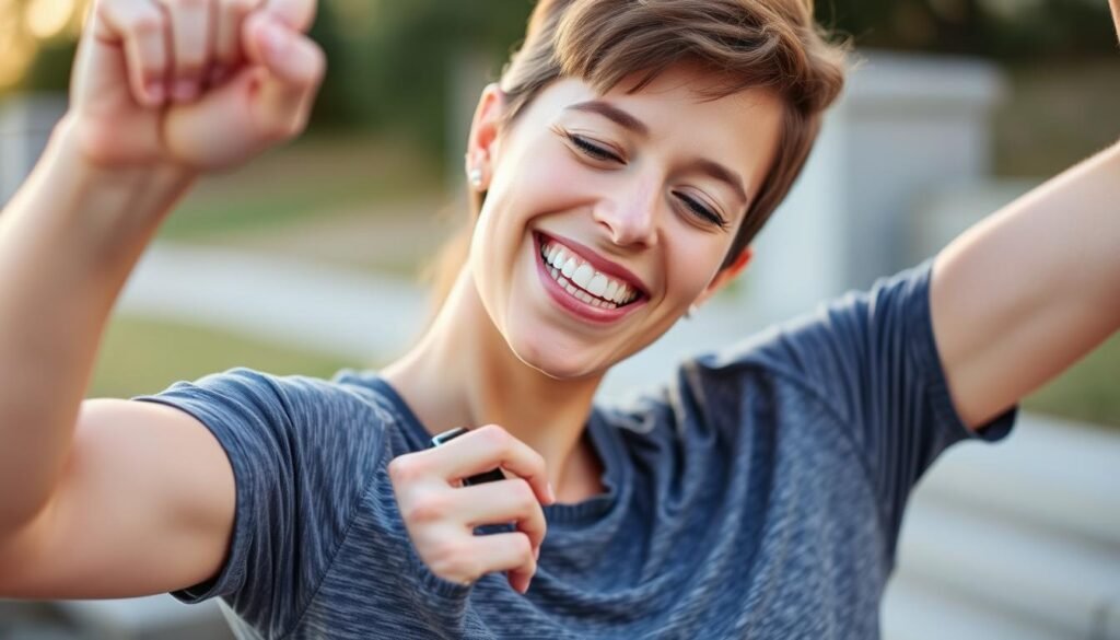 Person celebrating fitness achievement with calorie tracking device