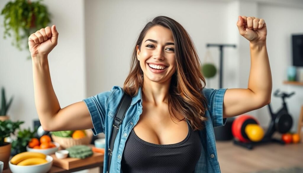 Person celebrating healthy lifestyle achievements with calorie tracking tools